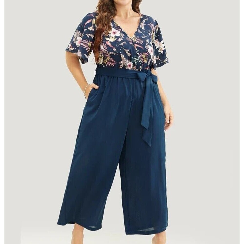 Bloomchic Jumpsuit Plus 1X 14 16 Blue Floral Patchwork Pocket NOT BELTED